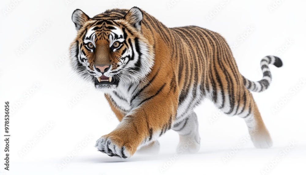 Obraz premium Majestic Tiger Walking Gracefully in A Minimalistic White Background
