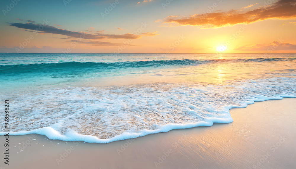 Obraz premium Crystal-clear turquoise waters with gentle waves lapping at a pristine beach under a golden sunset