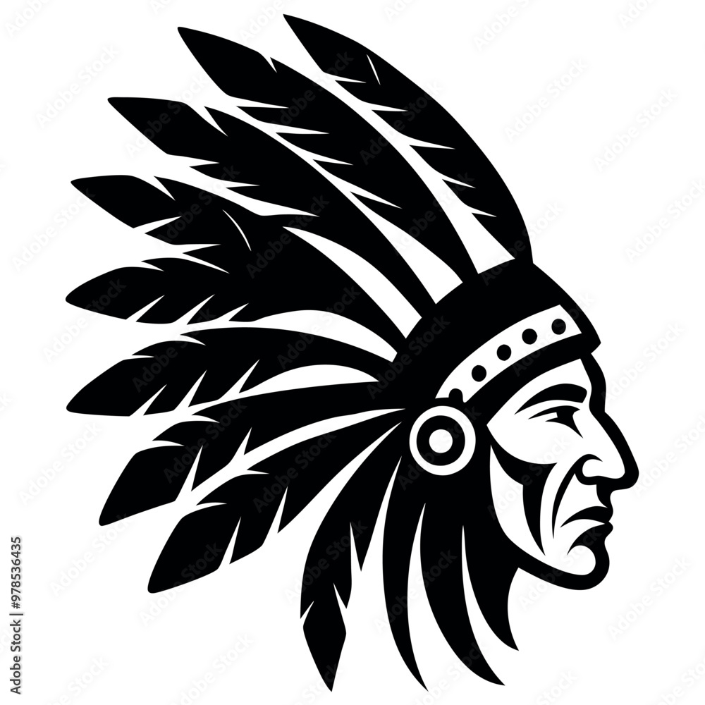 a black and white illustration of a Native American Indian headdress. The headdress is made up of large, feather-like feathers that are arranged in a traditional headdress