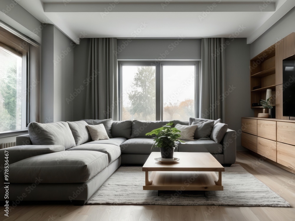 Obraz premium Modern Living Room with Grey Sectional Sofa and Wooden Coffee Table