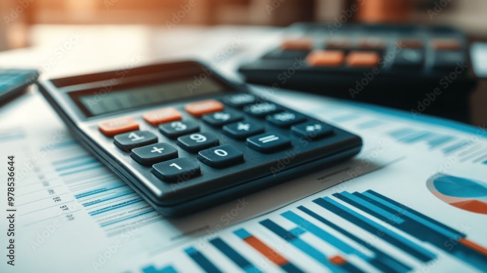 A calculator on financial documents with charts and graphs for business analysis. A calculator on financial documents with charts and graphs for business analysis.