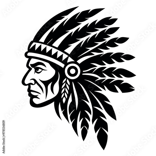 a black and white illustration of a Native American Indian headdress. The headdress is made up of large, feather-like feathers that are arranged in a traditional headdress