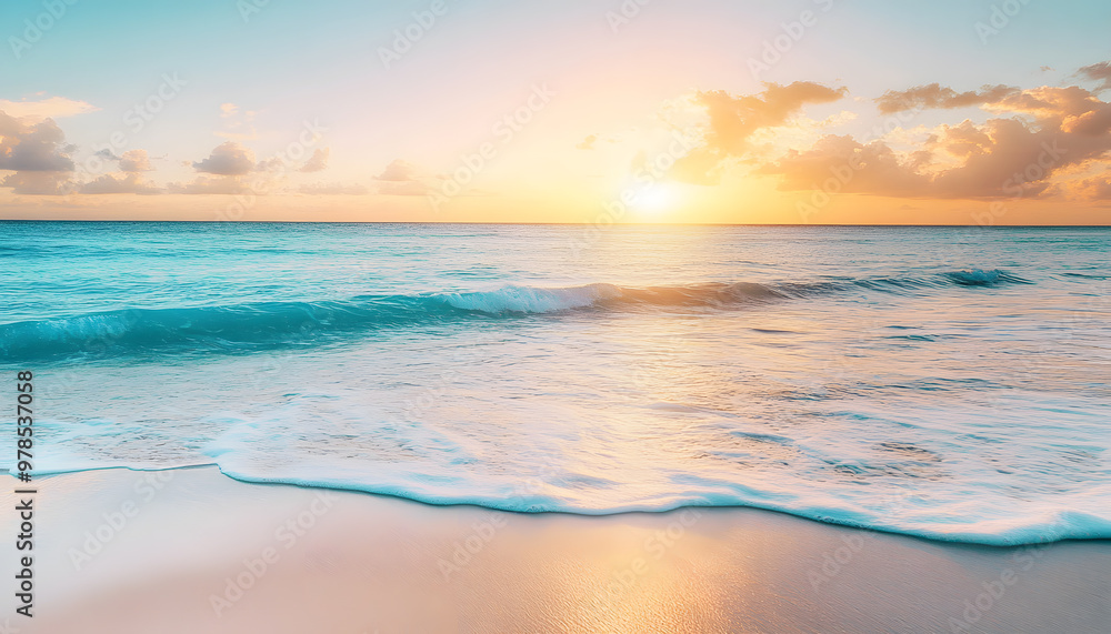 Crystal-clear turquoise waters with gentle waves lapping at a pristine beach under a golden sunset Crystal-clear turquoise waters with gentle waves lapping at a pristine beach under a golden sunset