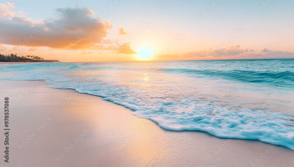 Crystal-clear turquoise waters with gentle waves lapping at a pristine beach under a golden sunset Crystal-clear turquoise waters with gentle waves lapping at a pristine beach under a golden sunset