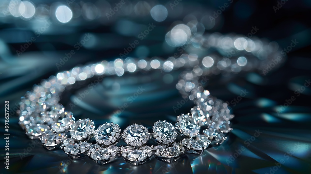 Close-up of a diamond necklace on a blue background. The necklace sparkles and shines brightly, showcasing its brilliance and luxury. Close-up of a diamond necklace on a blue background. The necklace sparkles and shines brightly, showcasing its brilliance and luxury.
