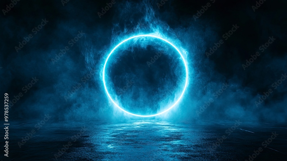 Neon blue color geometric circle on a dark background. Round mystical portal. Mockup for your logo. Futuristic smoke. Mockup for your logo. generative ai Neon blue color geometric circle on a dark background. Round mystical portal. Mockup for your logo. Futuristic smoke. Mockup for your logo. generative ai