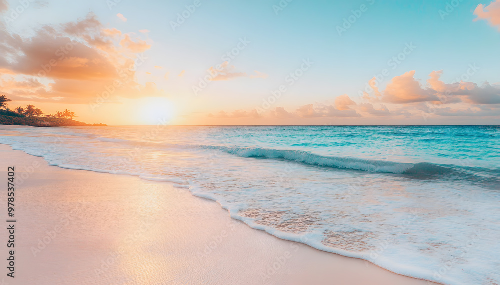Fototapeta premium Crystal-clear turquoise waters with gentle waves lapping at a pristine beach under a golden sunset