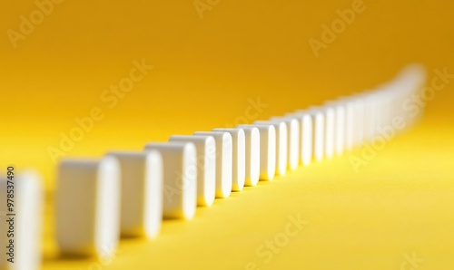 A white, straight and unbroken line made of dominoes on yellow background photo