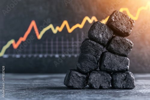 Elegant Display of Compacted Charcoal Briquettes on a Polished Table with a Professional Business Graph Backdrop photo