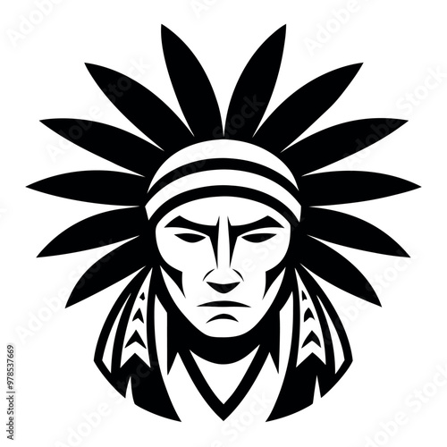 a black and white illustration of a Native American Indian headdress. The headdress is made up of large, feather-like feathers that are arranged in a traditional headdress