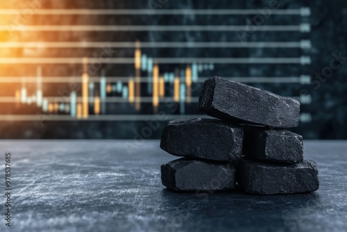 Elegantly Displayed Charcoal Briquettes Against a Sophisticated Business Graph: A Visually Striking Contrast of Product and Data photo