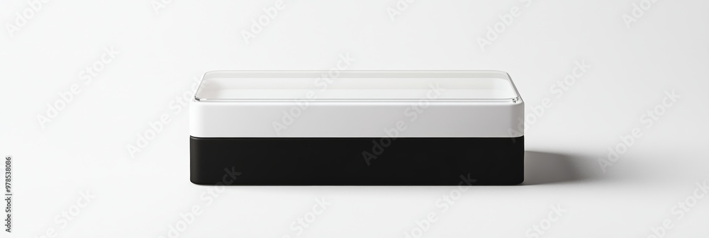 A sleek black and white packaging box with a transparent lid, set on a clean white background A sleek black and white packaging box with a transparent lid, set on a clean white background