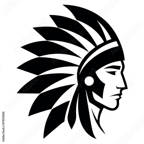 a black and white illustration of a Native American Indian headdress. The headdress is made up of large, feather-like feathers that are arranged in a traditional headdress