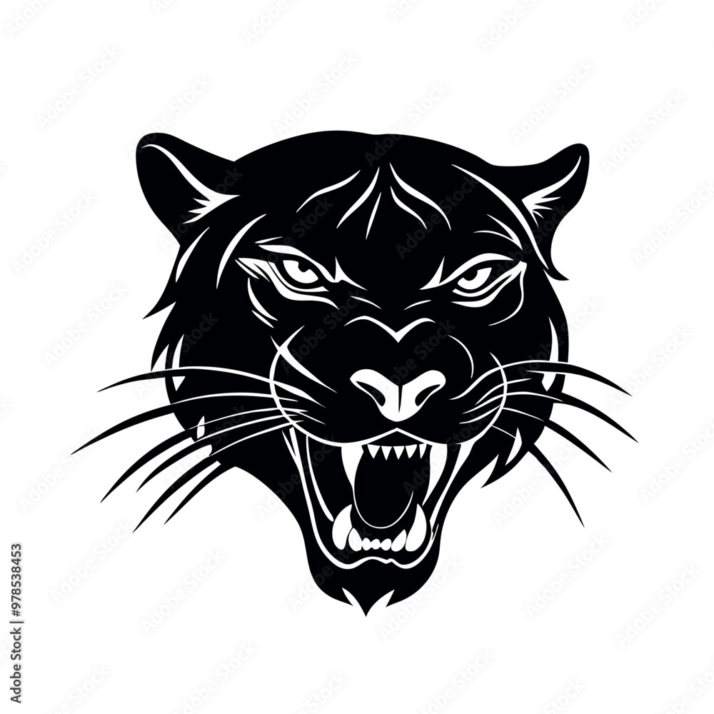 a black and white illustration of a panther's head. The panther is facing towards the right side of the image, with its mouth open wide and its teeth bared a black and white illustration of a panther's head. The panther is facing towards the right side of the image, with its mouth open wide and its teeth bared