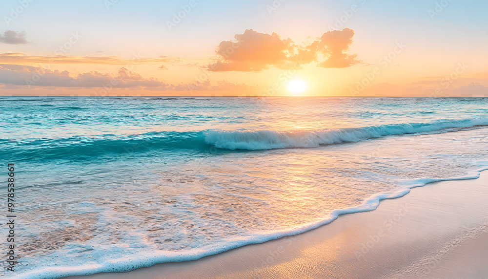 Fototapeta premium Crystal-clear turquoise waters with gentle waves lapping at a pristine beach under a golden sunset
