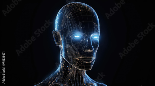 generated illustration of profile of a person, filled with glowing points of light representing AI artificial technology .