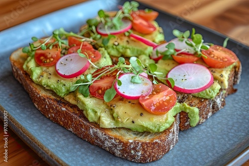 A delicious avocado toast topped with fresh tomatoes and radishes, perfect for a healthy breakfast or brunch option.