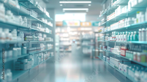 Blurred medical premises, pharmacy or drugstore. Advertising of a new medical product, pills, medicine or promotion concept