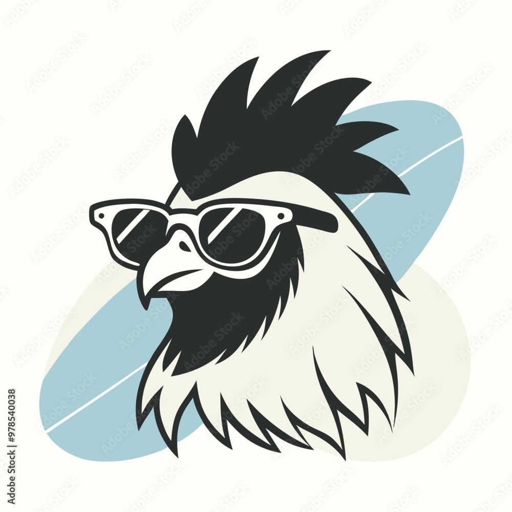 Fototapeta premium a black and white illustration of ‍a Rooster with sunglasses. its wings spread out and its head facing towards the left side of the image. It has a pair of sunglasses on its face