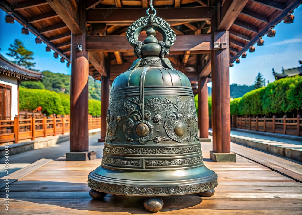 Obraz premium A serene bronze bell standing majestically on a wooden base, its curved body adorned with intricate designs and symbolism of Korean culture, representing peace and harmony