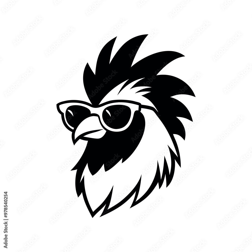 Fototapeta premium a black and white illustration of ‍a Rooster with sunglasses. its wings spread out and its head facing towards the left side of the image. It has a pair of sunglasses on its face