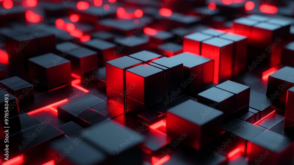 A mesmerizing abstract design of glowing red cubes set against a dark background, creating depth and intrigue. A mesmerizing abstract design of glowing red cubes set against a dark background, creating depth and intrigue.