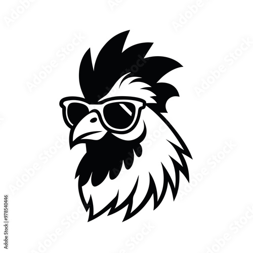 a black and white illustration of ‍a Rooster with sunglasses. its wings spread out and its head facing towards the left side of the image. It has a pair of sunglasses on its face