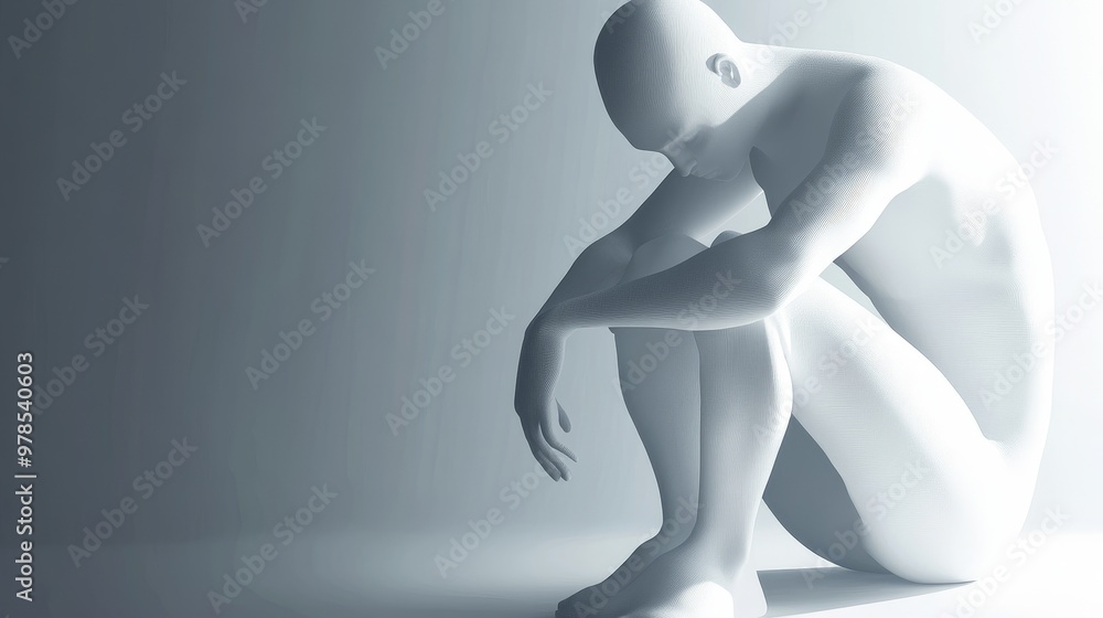 A minimalist sculpture of a seated figure, evoking emotions of solitude and reflection in soft lighting.