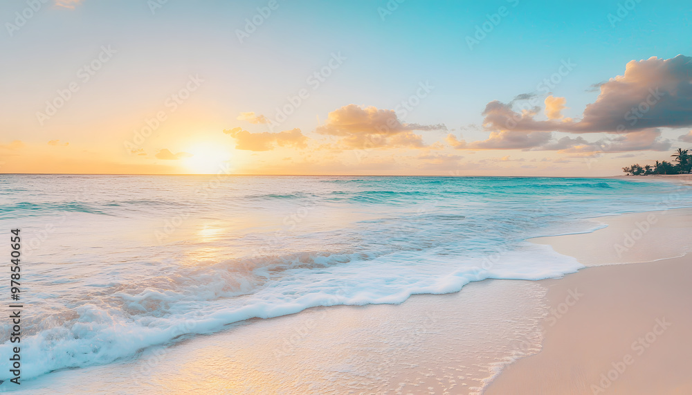 Fototapeta premium Crystal-clear turquoise waters with gentle waves lapping at a pristine beach under a golden sunset
