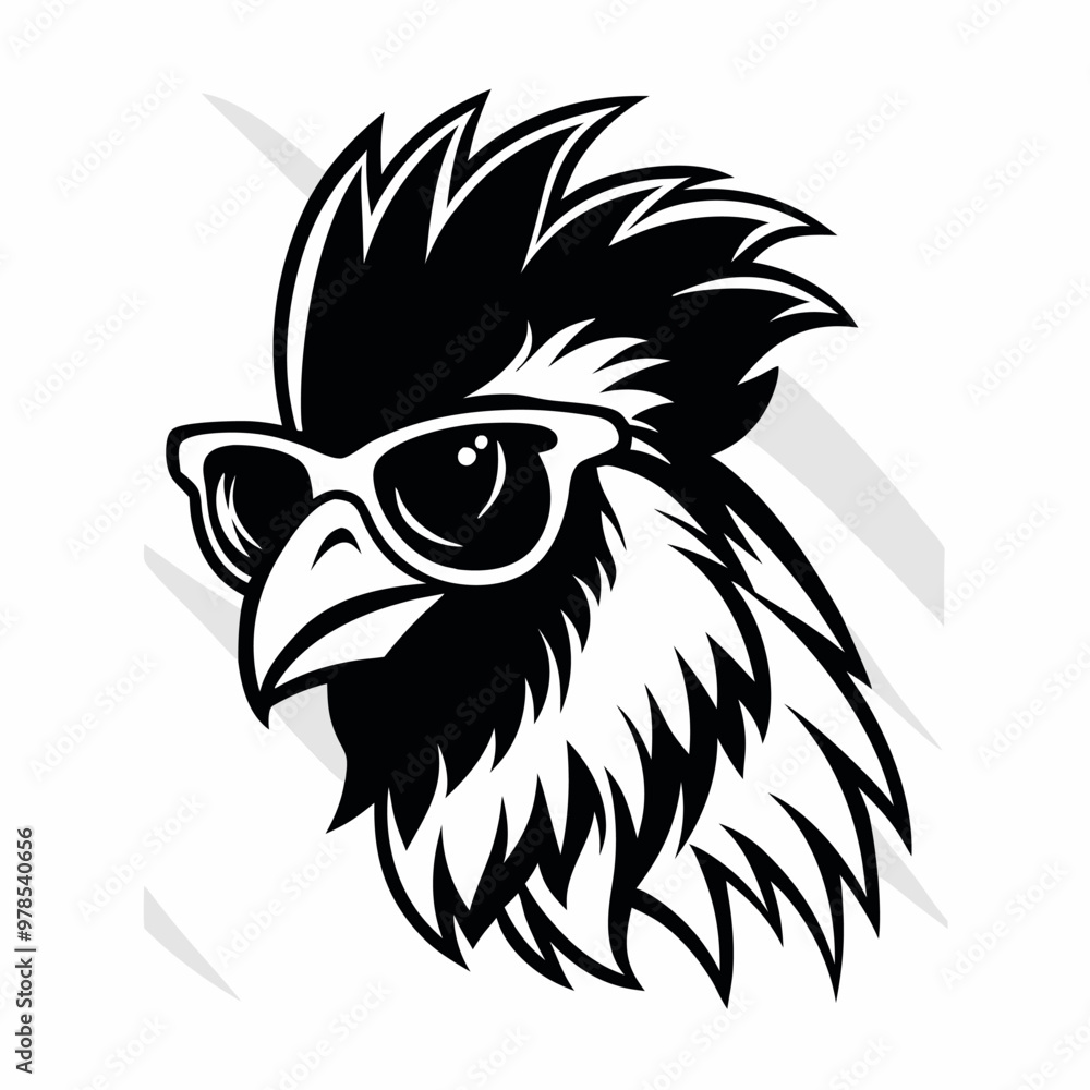 Fototapeta premium a black and white illustration of ‍a Rooster with sunglasses. its wings spread out and its head facing towards the left side of the image. It has a pair of sunglasses on its face