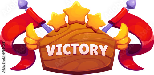Game victory award icon, ui award badge, featuring bright golden stars, red ribbons, and wooden board. Cartoon vector pop up interface banner for gaming achievements, and winners digital recognition