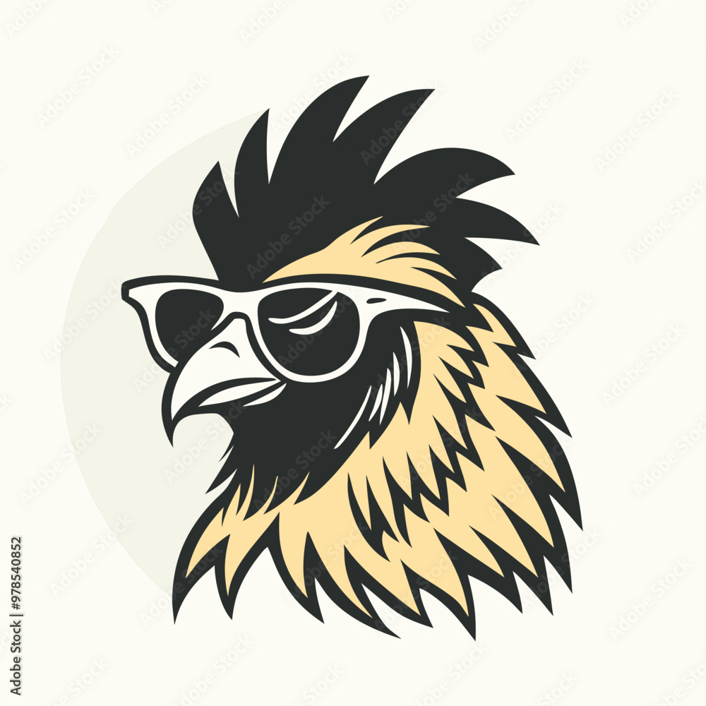 Obraz premium a black and white illustration of ‍a Rooster with sunglasses. its wings spread out and its head facing towards the left side of the image. It has a pair of sunglasses on its face