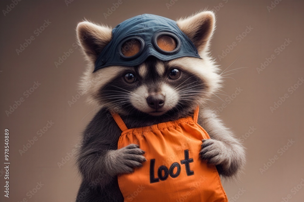 Obraz premium Cute raccoon wearing goggles and holding an orange bag labeled 'Loot'. Adorable and playful animal portrait.