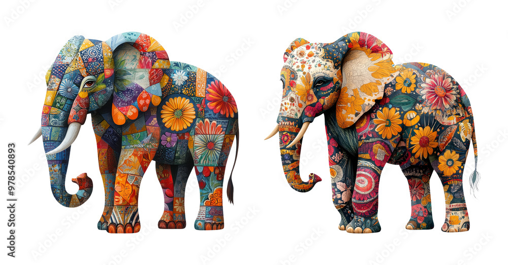 Fototapeta premium Colorful Patchwork Elephants With Floral Patterns On Transparent Background