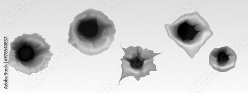Hole from gun shot and bullet breaking through surface. Realistic 3d vector illustration set of gunshot mark in metal target. Military weapon impact and damage, violence and destruction concept.