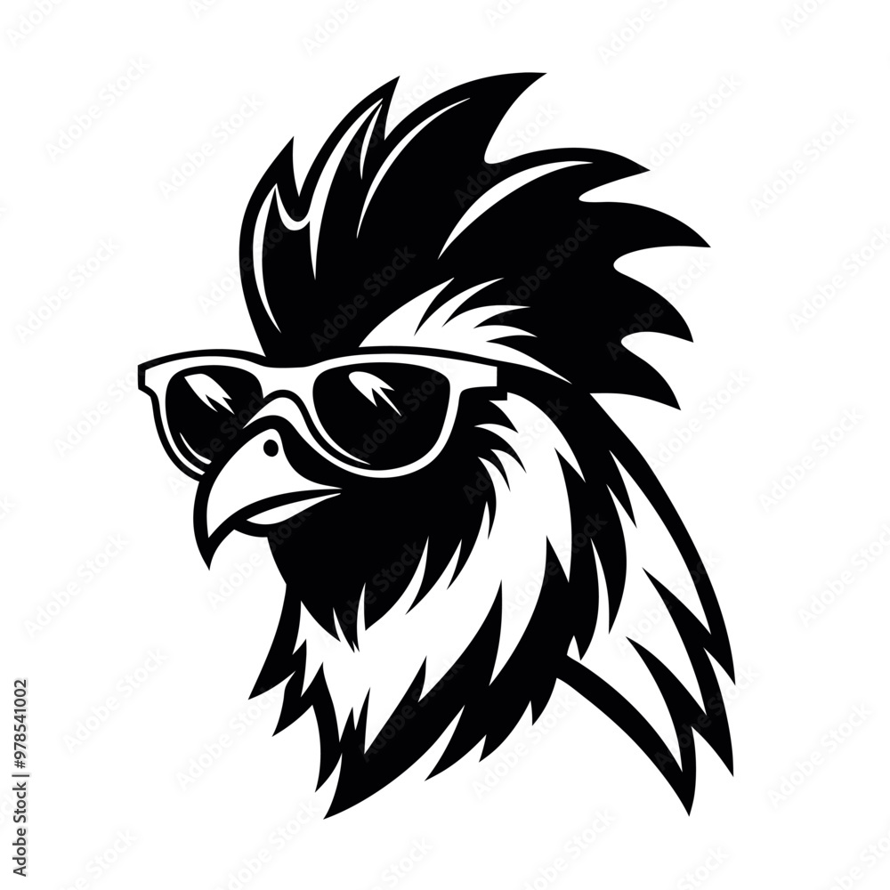 a black and white illustration of a Rooster with sunglasses. its wings spread out and its head facing towards the left side of the image. It has a pair of sunglasses on its face