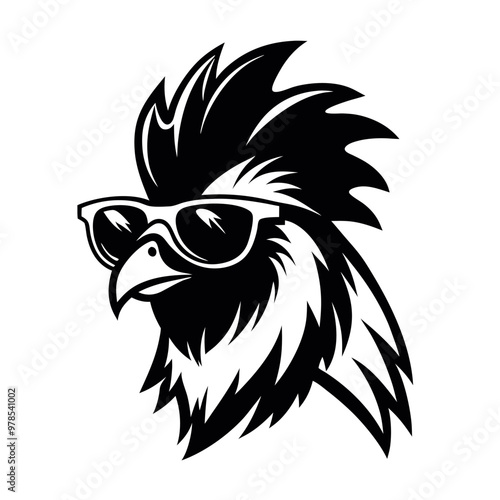 Obraz na płótnie a black and white illustration of a Rooster with sunglasses. its wings spread out and its head facing towards the left side of the image. It has a pair of sunglasses on its face w salonie