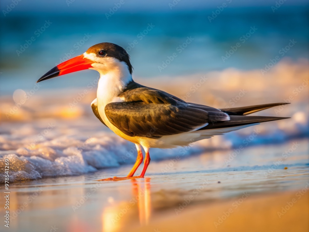 Obraz premium African Skimmer bird perched on sandy beach, feathers glistening in warm sunlight, beak scanning shallow waters for fish and crustaceans