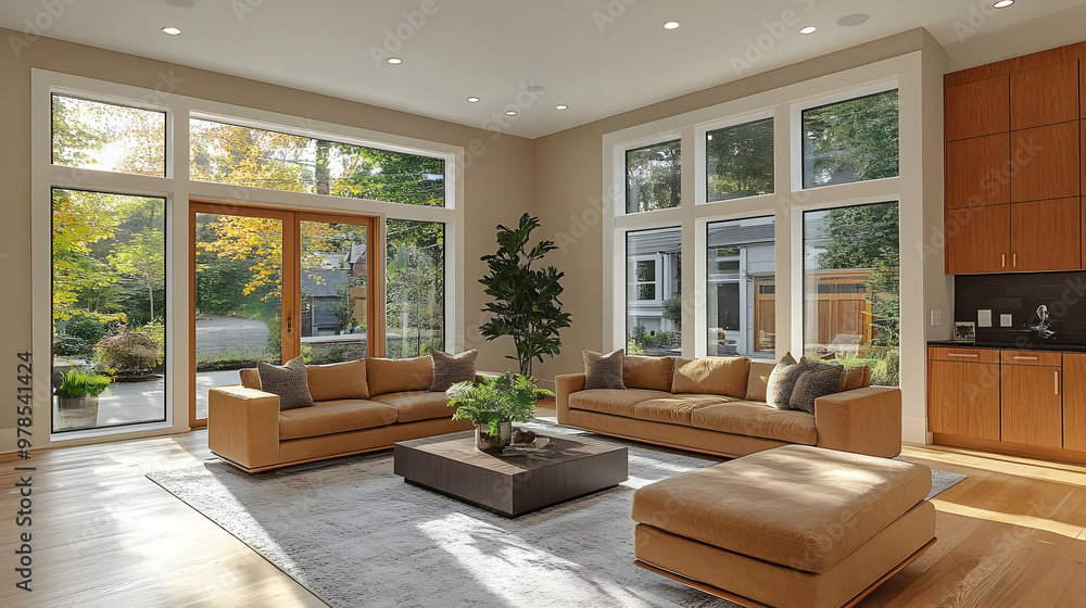 Modern Living Room with Large Windows and Natural Light, Featuring Couches and a Coffee Table Modern Living Room with Large Windows and Natural Light, Featuring Couches and a Coffee Table