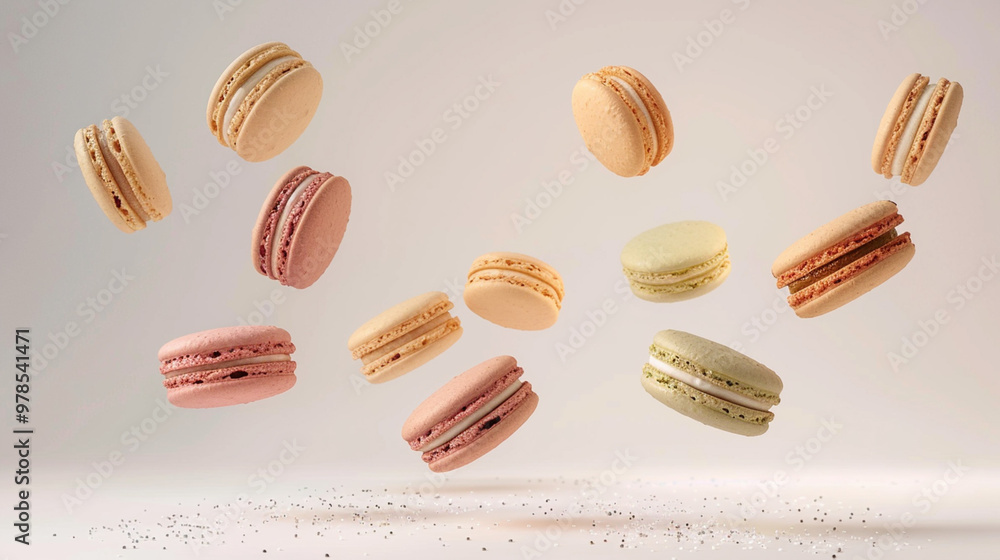 Obraz premium Appetizing different taste macaroons fly in the air isolated on light white background. French dessert macaroon levitating in the air. Advertisement of french sweets 