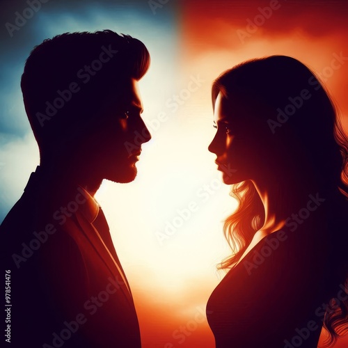 A couple silhouette background looking in different direction , in marriage clash and about to get divorce or to separate 