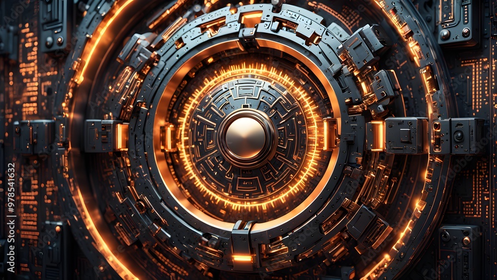 An abstract circular design with a glowing orange core and a metallic surface. An abstract circular design with a glowing orange core and a metallic surface.