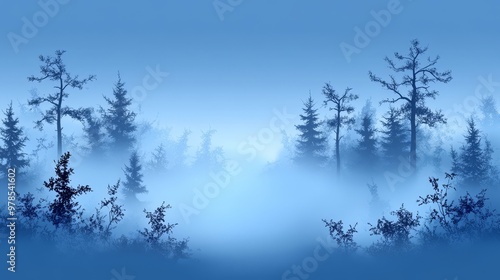 A serene forest scene shrouded in mist, showcasing tall trees and soft blue hues in a tranquil atmosphere. photo