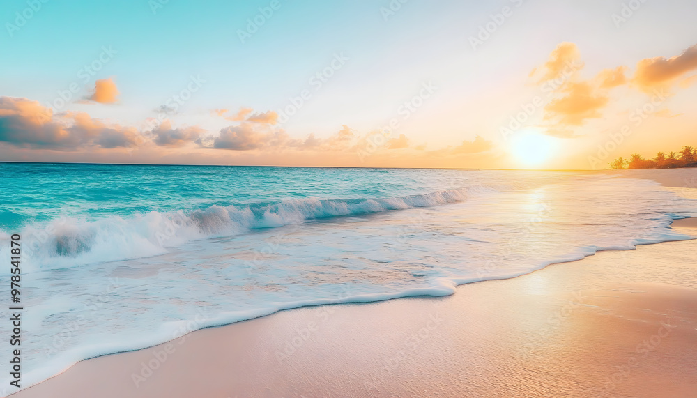 Crystal-clear turquoise waters with gentle waves lapping at a pristine beach under a golden sunset Crystal-clear turquoise waters with gentle waves lapping at a pristine beach under a golden sunset