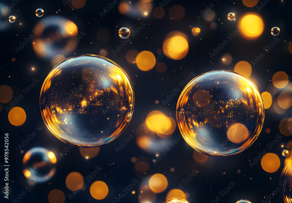 Golden Bubbles Floating in a Soft Glowing Bokeh Light Background