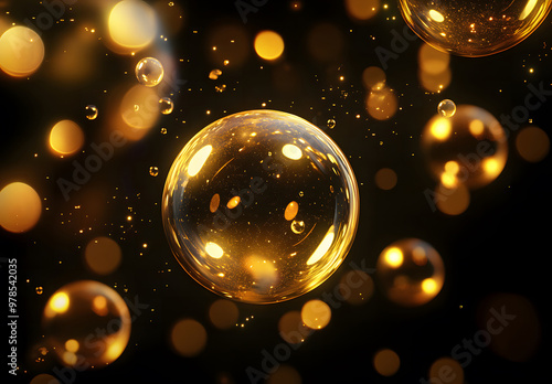 Golden Bubbles Floating in a Soft Glowing Bokeh Light Background