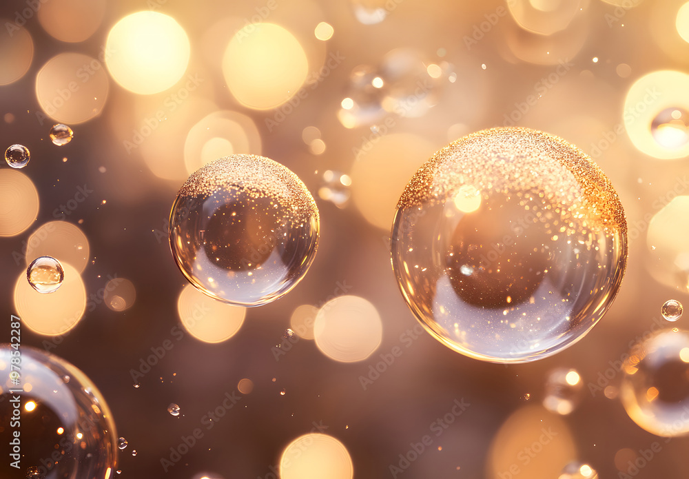 Golden Bubbles Floating in a Soft Glowing Bokeh Light Background Golden Bubbles Floating in a Soft Glowing Bokeh Light Background