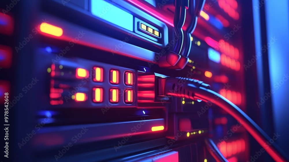 A vivid close-up of server technology showcasing illuminated components and cables in a modern data center environment. A vivid close-up of server technology showcasing illuminated components and cables in a modern data center environment.