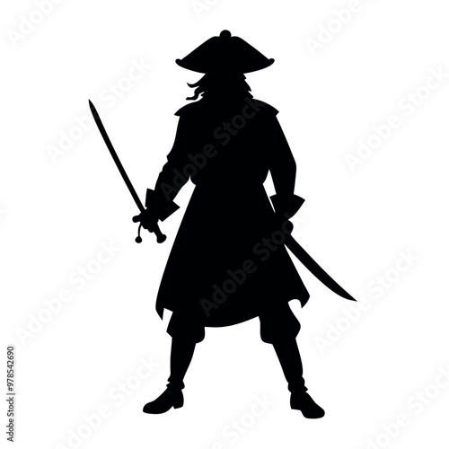 a black silhouette of a pirate standing with his back to the viewer. He is wearing a long coat and a cocked hat, and is holding a sword in his right hand