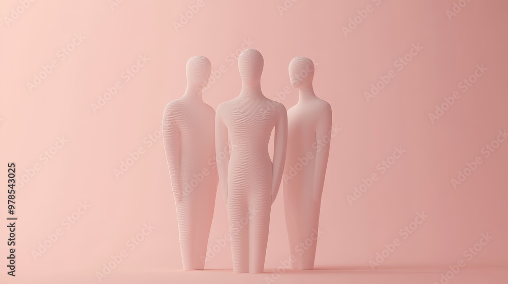 Abstract representation of three human figures in a minimalist style, showcasing unity and connection in soft pink tones. Abstract representation of three human figures in a minimalist style, showcasing unity and connection in soft pink tones.